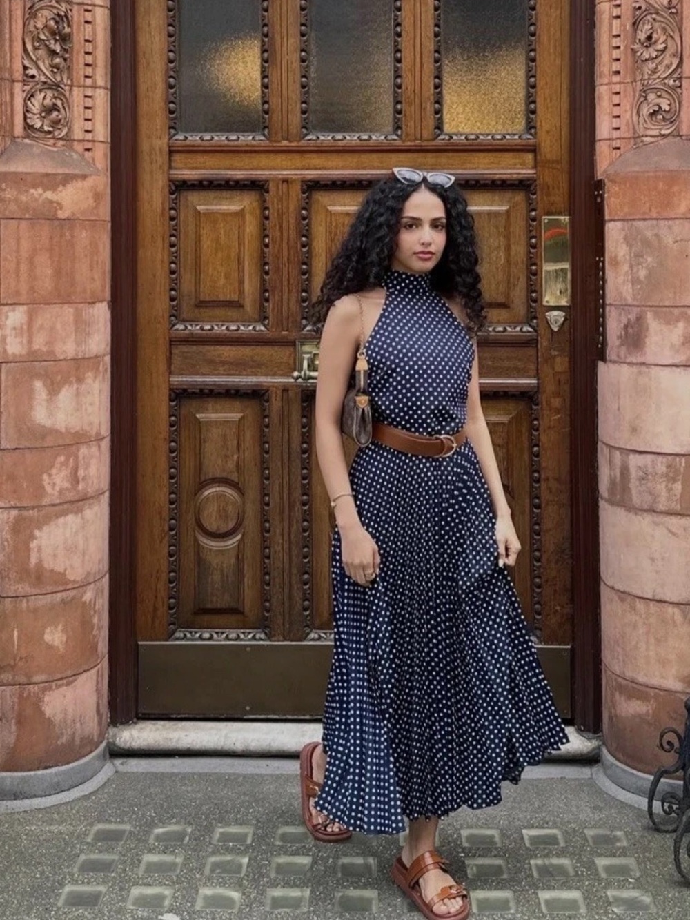 ZARA Navy Polka Dot Halter Maxi Dress with Brown Belt - Picture 5 of 13